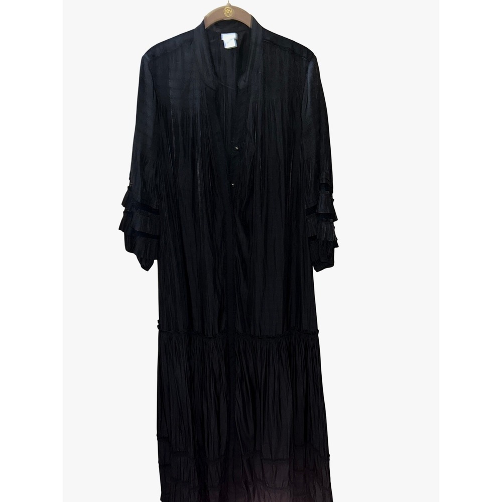 Chicos Black Crinkle Satin Tiered Midi Dress Ruffle Lace Sleeve Size 2 12/14